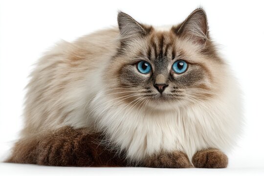 Regal Cat's Gaze: A stunning, long-haired cat with captivating blue eyes, exuding an air of elegance and serenity. Its luxurious fur is beautifully contrasted with soft brown markings. - Powered by Adobe