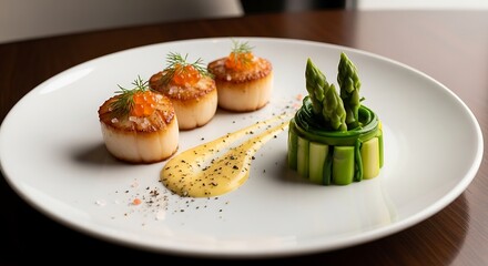 Gourmet seafood platter featuring seared scallops with salmon roe and artistic asparagus presentation
