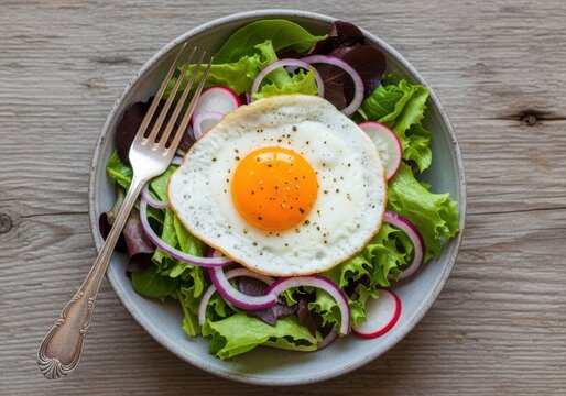 Healthy salad made with fried eggs, radishes, onions and lettuce on a wooden table
