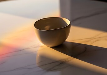 Minimalist Bowl on Marble Surface with Warm Sunrise Light and Shadows