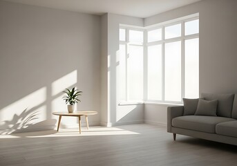 Minimalist living room bathed in sunbeams with plant centerpiece