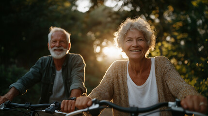 Obraz premium Cycling through Golden Years: An elderly couple shares a moment of pure bliss, pedaling leisurely on bicycles beneath the warm embrace of the setting sun.