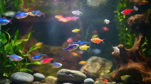 Colorful Aquascape with Small Tropical Fish &ndash; Realistic Full Aquarium Scene with Bright Lighting