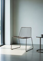 Minimalist living space with wire chair and subtle natural light casting shadows
