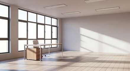 Minimalist office with large windows and natural light, a spacious ambiance