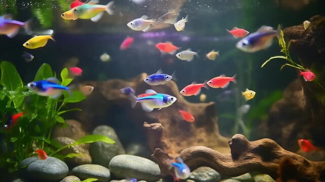 Colorful Aquascape with Small Tropical Fish &ndash; Realistic Full Aquarium Scene with Bright Lighting