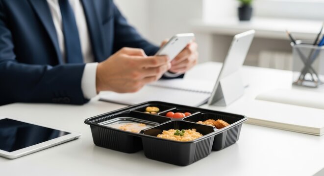 Businessman eating healthy lunch from takeout container at desk while using phone. Businessman using smartphone at his desk during lunch break in office
