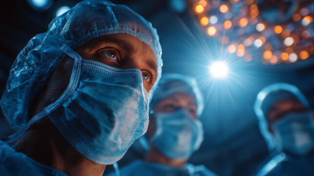 Team of Surgeons at Work: Capturing the intensity and focus of surgeons in a modern operating room setting. Surgeons in surgical mask and caps poised with precision under the bright surgical lights.