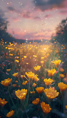 Vibrant Yellow Flower Petals Illuminated in Twilight, Nature Photography for Relaxation and Inspiration - 20 Word SEO Title