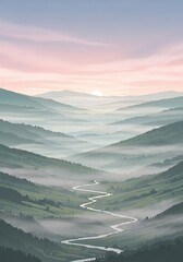 Misty mountain landscape with winding river and pastel color gradient