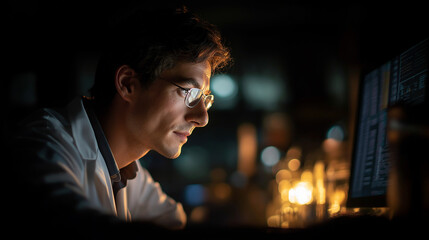 Night Researcher at Computer: In a dimly lit environment, a focused researcher intently analyzes complex data on a computer screen, a testament to scientific inquiry.