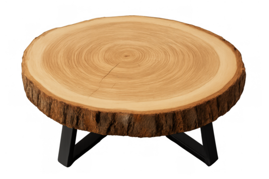 Rustic modern coffee table with live edge wood slice top and black metal legs on transparent background