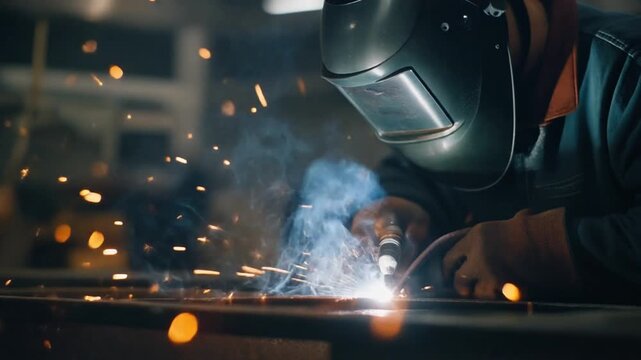 Close-up shot of an industrial worker welding, producing hot sparks and glowing light, essential for metal fabrication, in a workshop setting.