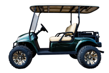 Green golf cart isolated on transparent background, a convenient and ecofriendly mode of transportation for golfers and recreational activities in outdoor settings