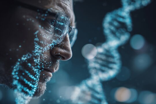 Unraveling the secrets of dna with modern technology. Cyber technology. Advanced genetics exploration with holographic displays creating enriched scenes. Tech collaboration. Ai integration.