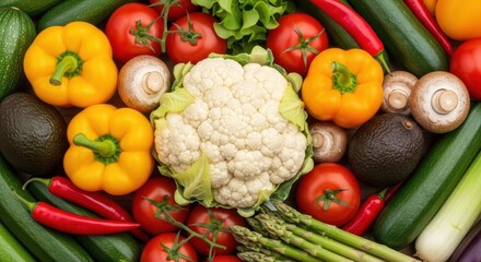 Vibrant assortment of fresh healthy vegetables and produce. Overhead shot of fresh vegetables including cauliflower, peppers, tomatoes