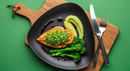 Delicious chicken breast with green herb topping and broccoli. Grilled chicken on a black plate