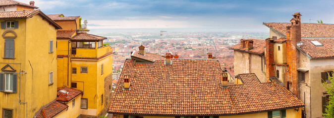 Panoramic view of old rooftops and cityscape in Bergamo, Lombardy, Italy