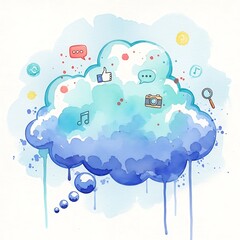 Watercolor cloudscape filled with digital icons representing online connectivity and social media interaction