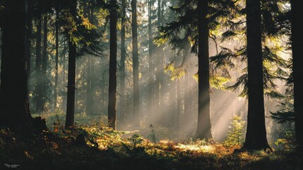 Sunbeams pierce a dense forest of tall, dark trees on a misty morning