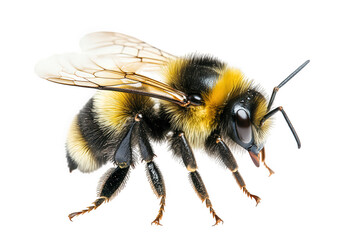 A closeup of a bumblebee isolated on transparent background, highlighting its fuzzy body, delicate wings, and intricate details in a vibrant macro photograph