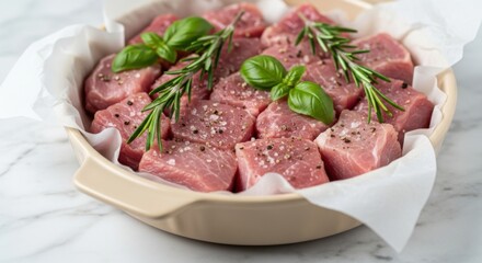 Raw meat cubes, seasoned with herbs and peppers, ready for cooking. Raw meat cubes with spices