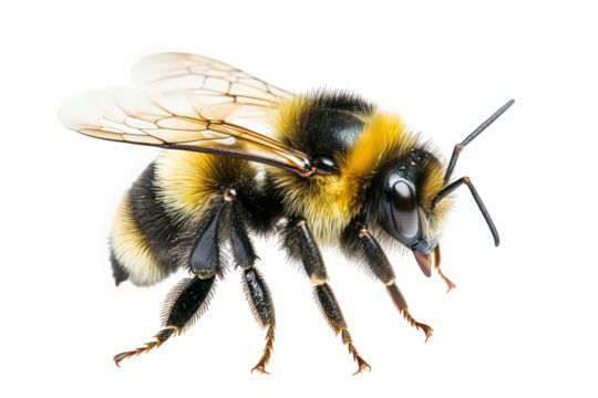 A closeup of a bumblebee isolated on transparent background, highlighting its fuzzy body, delicate wings, and intricate details in a vibrant macro photograph
