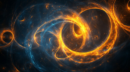 Abstract circular swirl of light forming symmetrical patterns, with glowing curves and dynamic motion, creating a futuristic, energetic, and visually captivating effect.
