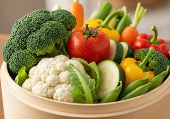 Fresh collection of healthy vegetables in a bucket. Close-up of fresh vegetables