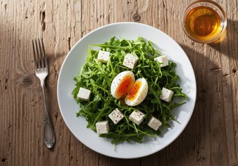 Fresh arugula salad with soft boiled eggs and feta cheese. Overhead shot of arugula salad with eggs and feta on a wooden table