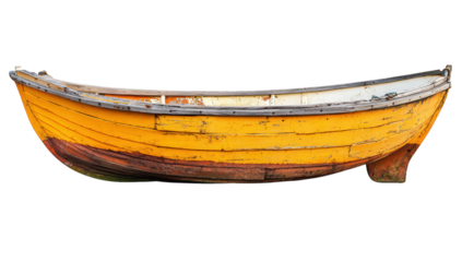 Yellow boat isolated on transparent background, a charming vessel with weathered paint, evokes a sense of maritime adventure and tranquil voyages on calm waters