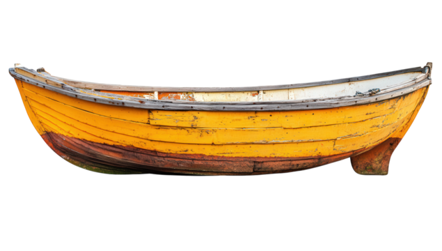 Yellow boat isolated on transparent background, a charming vessel with weathered paint, evokes a sense of maritime adventure and tranquil voyages on calm waters