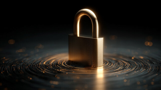 A floating holographic padlock represents data protection, cybersecurity, and digital security, symbolizing trust, encryption, and safeguarding information in a futuristic setting.
