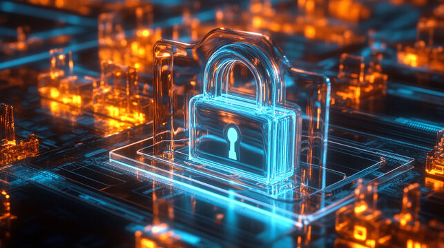 A floating holographic padlock represents data protection, cybersecurity, and digital security, symbolizing trust, encryption, and safeguarding information in a futuristic setting.
 - Powered by Adobe