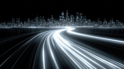 A cityscape glows with light trails against a black backdrop