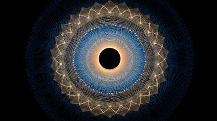 Abstract circular swirl of light forming symmetrical patterns, with glowing curves and dynamic motion, creating a futuristic, energetic, and visually captivating effect.