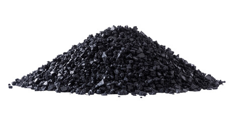 A pile of black granular material isolated on transparent background, possibly representing activated carbon, coal, or another similar substance