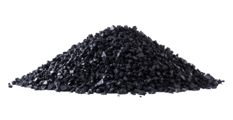 A pile of black granular material isolated on transparent background, possibly representing activated carbon, coal, or another similar substance