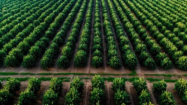 Medium shot of orchard showing grid layout with evenly spaced trees in perfect rows highlighting orderly planned tree placement for optimized growth.