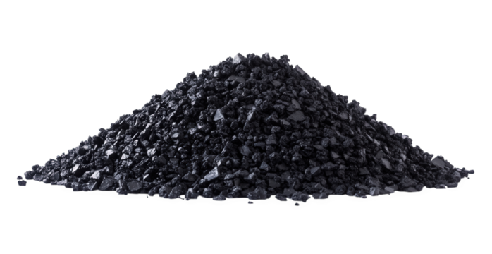 A pile of black granular material isolated on transparent background, possibly representing activated carbon, coal, or another similar substance