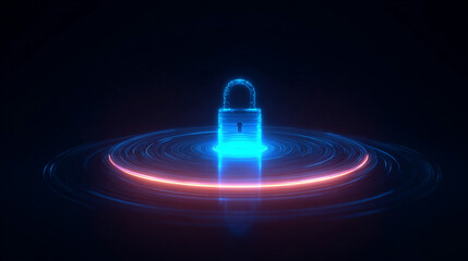 A floating holographic padlock represents data protection, cybersecurity, and digital security, symbolizing trust, encryption, and safeguarding information in a futuristic setting.
