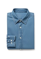 A neatly folded light blue denim shirt with a visible collar cuffs and white buttons presented on a clean white background