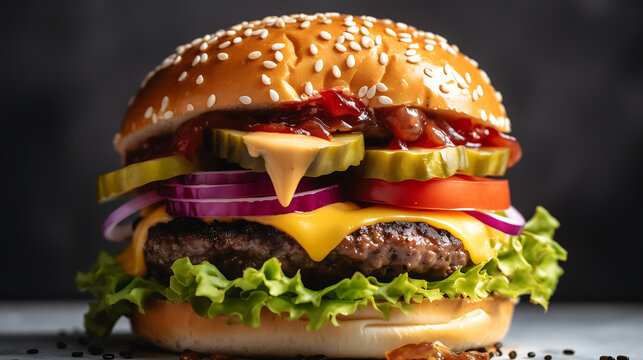 Close up of delicious burger with sesame seeds bun, lettuce, beef patty, cheese, tomato, red onion, pickles and sauce on dark background with copy space showcases culinary expertise at its finest