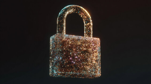 A floating holographic padlock represents data protection, cybersecurity, and digital security, symbolizing trust, encryption, and safeguarding information in a futuristic setting.
