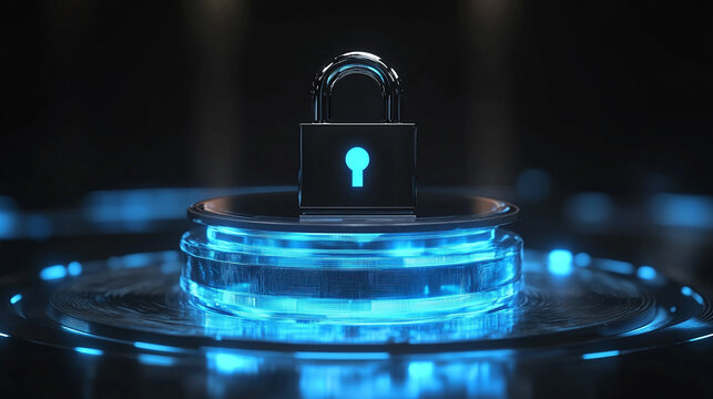 A floating holographic padlock represents data protection, cybersecurity, and digital security, symbolizing trust, encryption, and safeguarding information in a futuristic setting.
 - Powered by Adobe