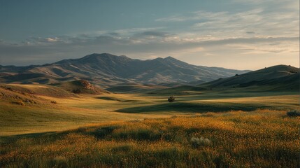 Golden fields meet distant mountains under a serene, clouded sky