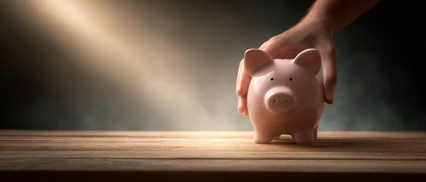 Secure futures: envisioning stability with a simple piggy bank. Scifi poster. Gently grasping investment: subtle piggy bank on rustic surface. Movie artwork. Hero poster.