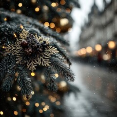 Close-up of adorned evergreen branch with city street bokeh