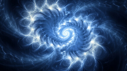 Abstract circular swirl of light forming symmetrical patterns, with glowing curves and dynamic motion, creating a futuristic, energetic, and visually captivating effect.