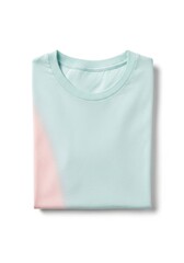 A neatly folded t-shirt with a pale blue-green body and a pink gradient presented on a white background with soft shadows